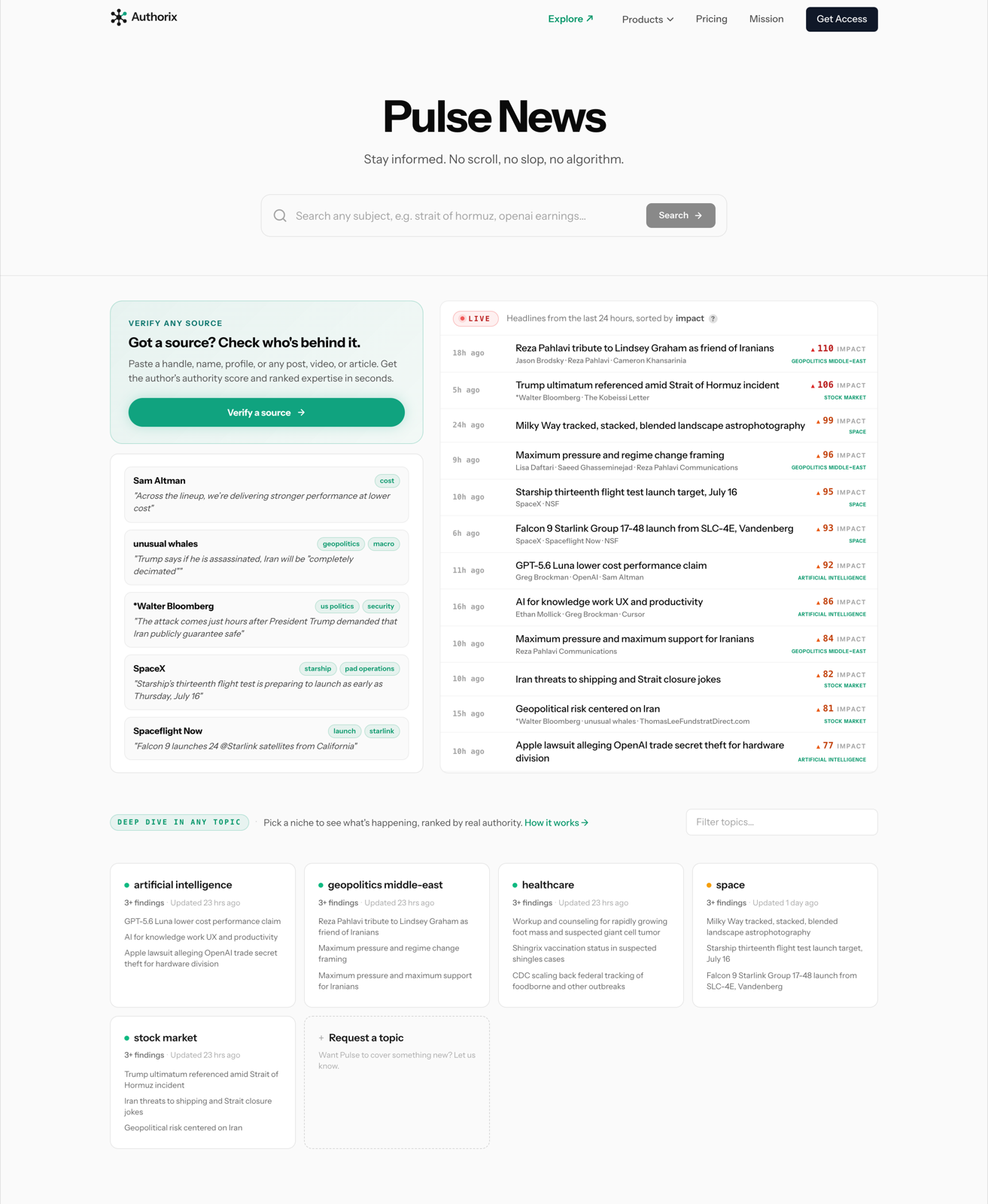 Authorix Pulse News, showing live headlines ranked by impact with the authorities behind them